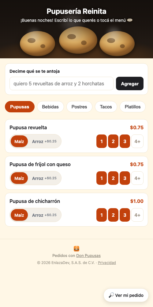 El menú de la pupusería en el teléfono