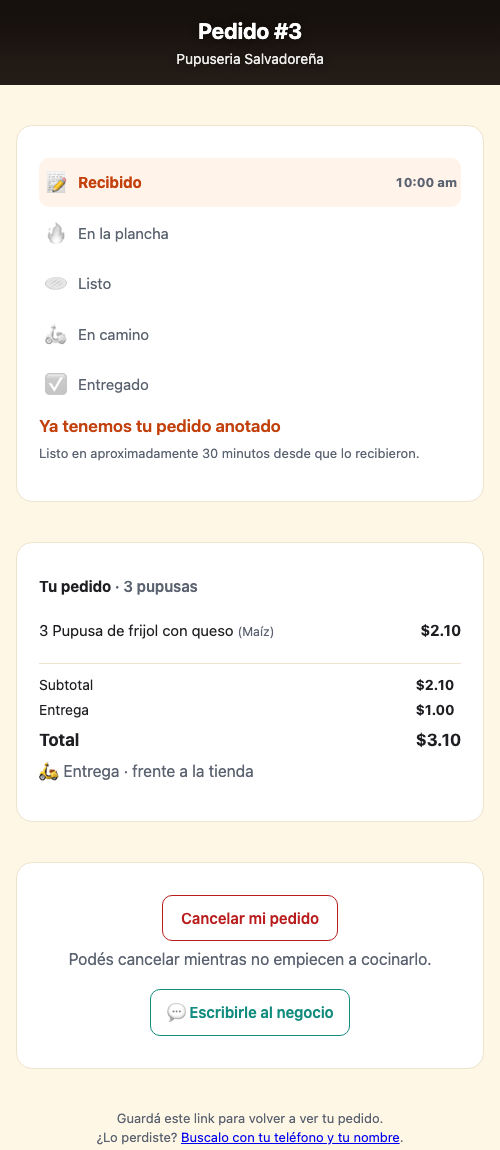 La pantalla donde el cliente ve cómo va su pedido